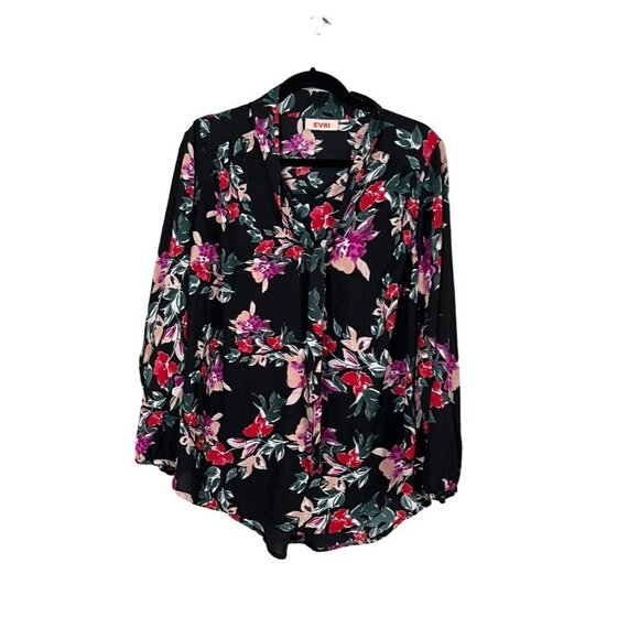 EVRI Top Women 14W Black Floral Mature Tropical Boho Western Concert Classic 80s - Picture 1 of 13
